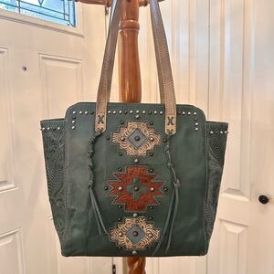 American West Green Leather Tote with Southwestern Patchwork